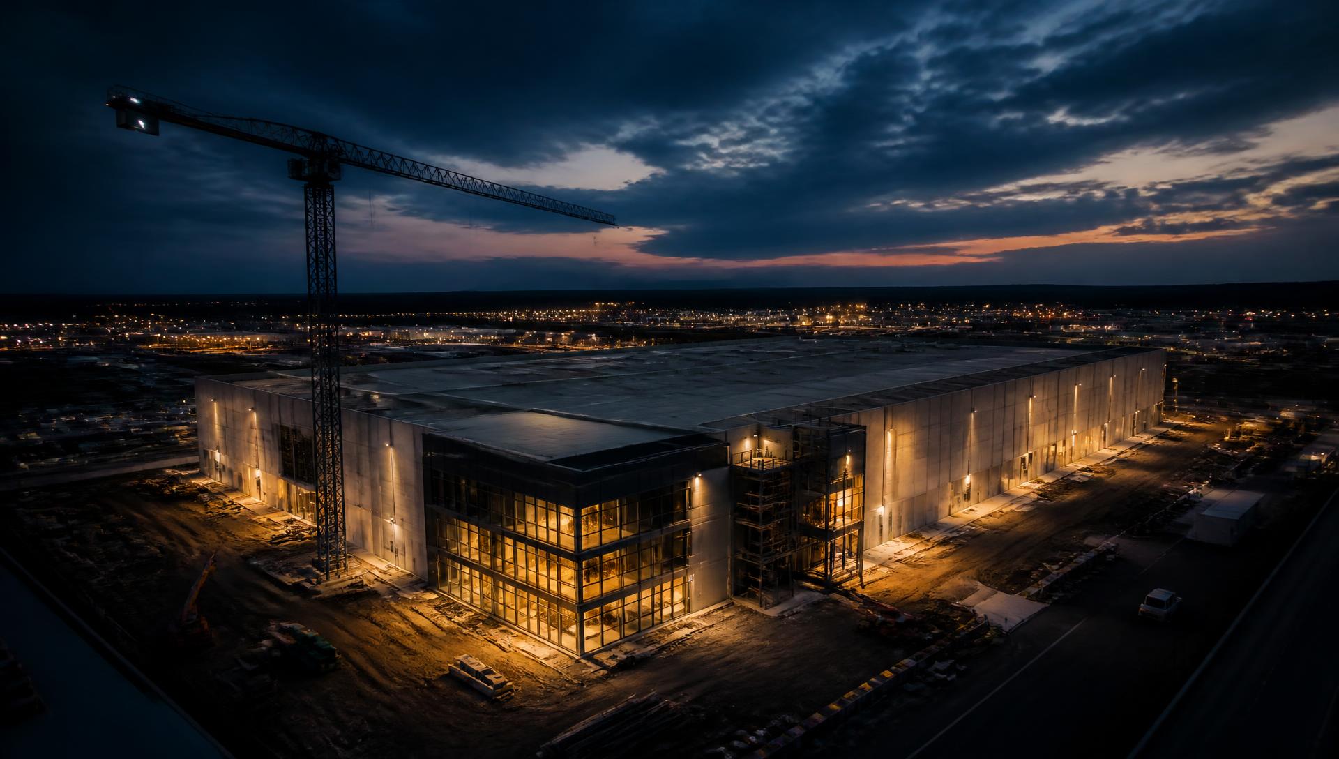 Commercial industrial development delivered by CFM Development at dusk